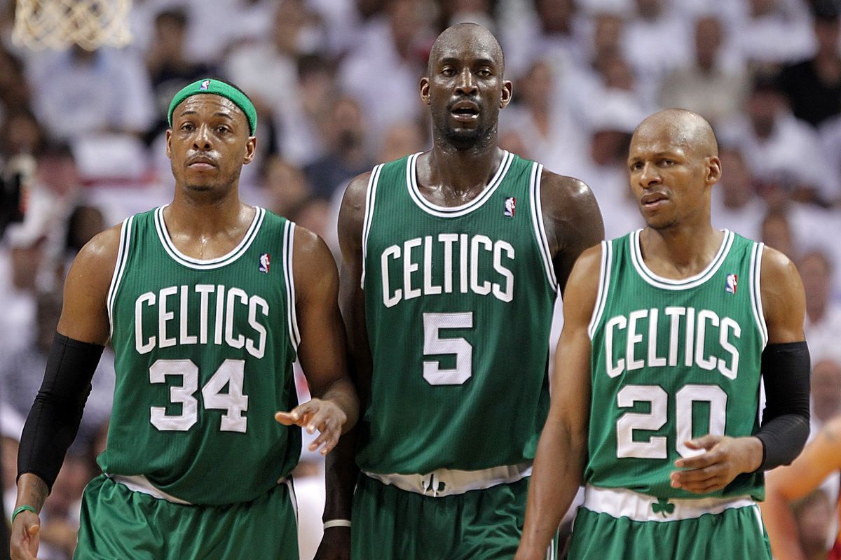 (050311 Miami, FL) The Big Three, Boston Celtics small forward Paul Pierce, power forward Kevin Garnett and shooting guard Ray Allen in the third quarter of the NBA Eastern Conference Semi-Finals, Game 2 at American Airlines Arena Tuesday, May 3, 201
