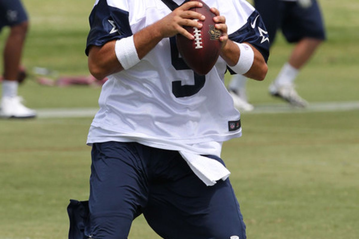 Jun 12, 2012; Irving, TX, USA; Dallas Cowboys quarterback Tony Romo (9) during minicamp at Dallas Cowboys headquarters. Matthew Emmons-US PRESSWIRE