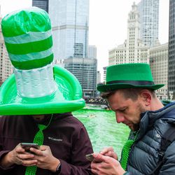 The Plumber’s Local Union 130 dyes the Chicago River green to celebrate St. Patrick’s Day, Saturday, March 17th, 2018. | James Foster/For the Sun-Times