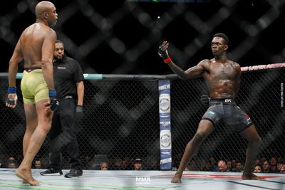 February 9, 2019 — Israel Adesanya, just promoted to the main event that morning, gives a nod to Naruto’s Rock Lee in his fight against Anderson Silva.