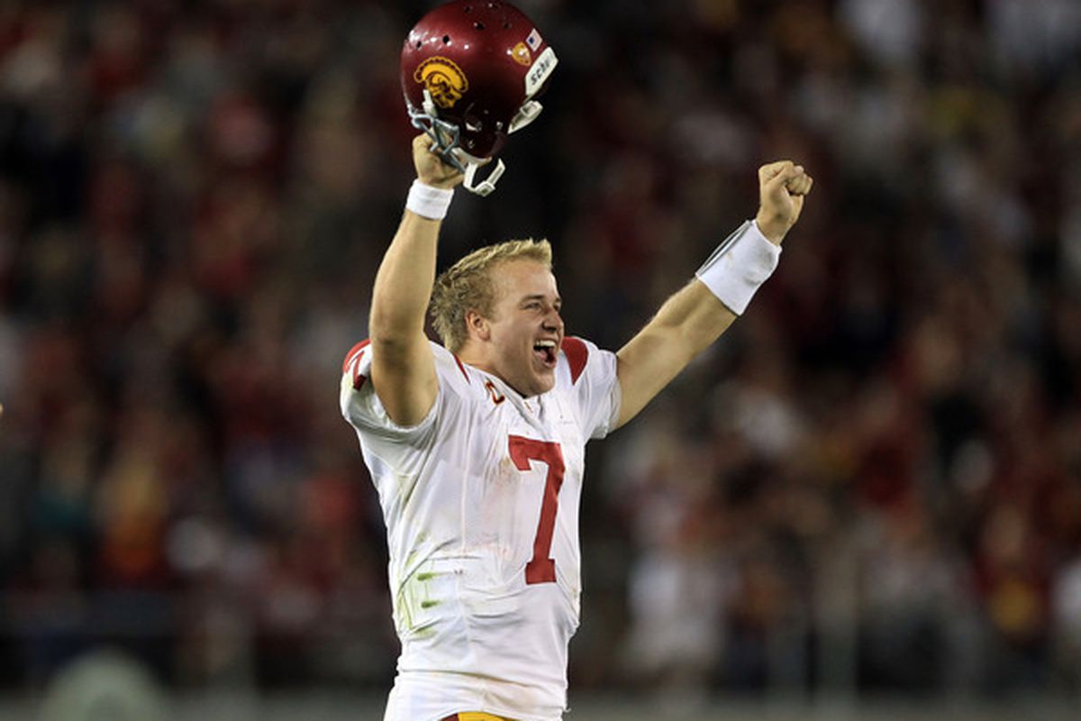 PALO ALTO, CA - OCTOBER 09:  Matt Barkley #7 of the USC Trojans after the Stanford Cardinal missed a extra point attempt at Stanford Stadium on October 9, 2010 in Palo Alto, California.  (Photo by Ezra Shaw/Getty Images)