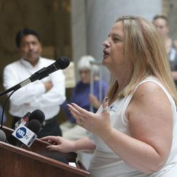 Jenn Gonnelly speaks as protesters gather at the Capitol rotunda in Salt Lake City Wednesday, June 19, 2013, to protest what they believe is corruption in the Utah Attorney General’s Office.