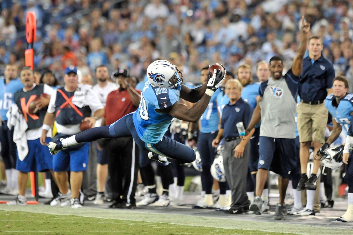 Aug 23, 2012; Nashville, TN, USA; Tennessee Titans tight end Jared Cook (89) leaps to catch the pass against the Arizona Cardinals during the first half at LP Field. Mandatory Credit: Jim Brown-US PRESSWIRE