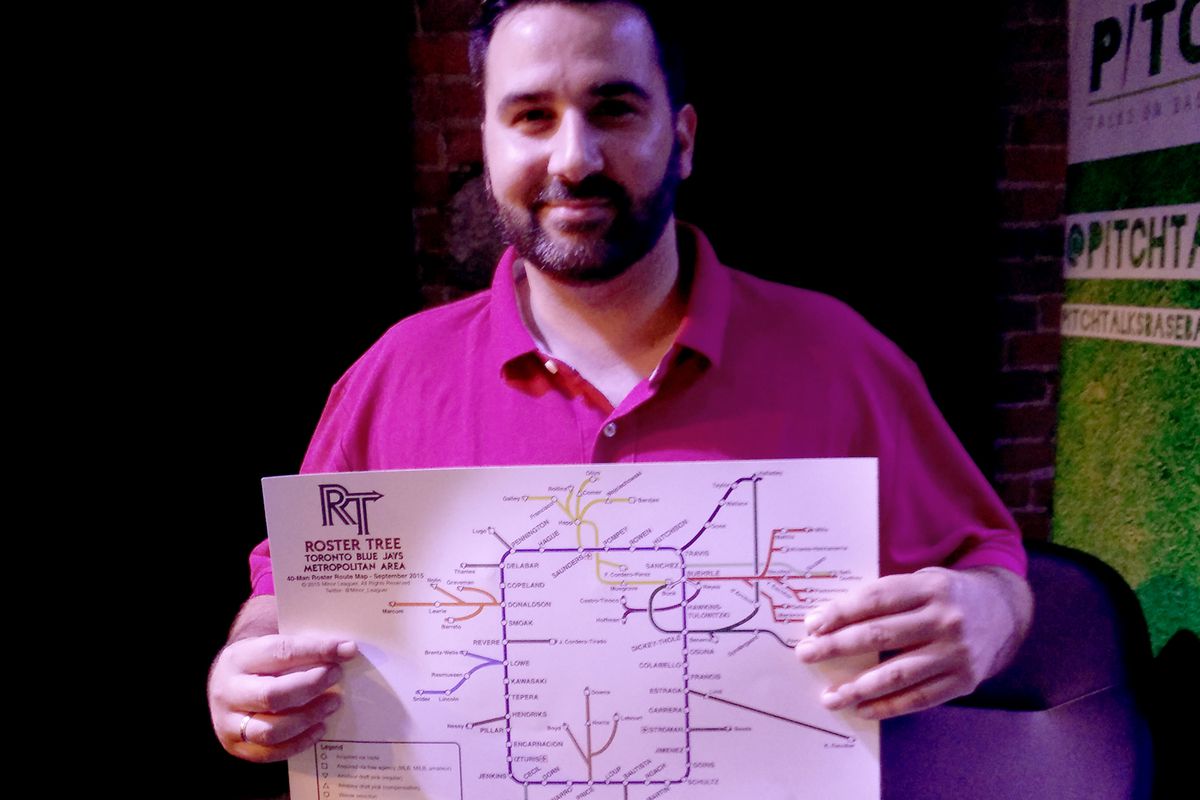 Alex Anthopoulos pictured with a now out-of-date roster route map