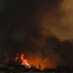 A photographer takes pictures of a wildfire burning near a residential area Wednesday, Aug. 8, 2018, in Lake Elsinore, Calif. The flames gained renewed strength Wednesday, sending up thick smoke that officials say is creating unhealthy conditions in some neighborhoods. (AP Photo/Jae C. Hong)