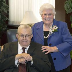 Sister Donna Smith Packer, wife of President Boyd K. Packer, receives a family history certificate from BYU on June 15, 2012.