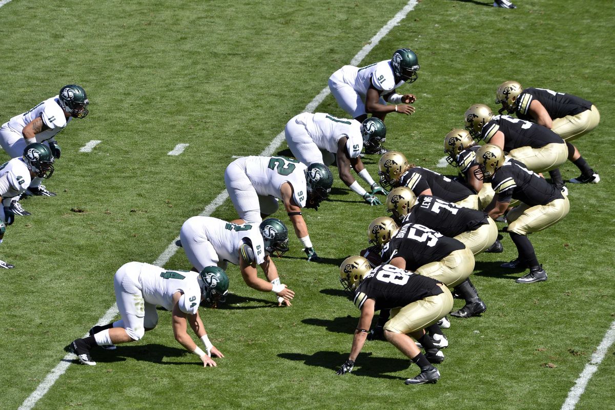 Sept 08, 2012; Boulder, CO, USA; The Sacramento State Hornets line up against the Colorado Buffaloes in the red zone in the third quarter at Folsom Field. Mandatory Credit: Ron Chenoy-US PRESSWIRE