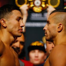 NEW YORK, NY - OCTOBER 16: Gennady Golovkin squares off against David Lemieux at the weigh in for their WBA/WBC interim/IBF middleweight title unification bout at Madison Square Garden on October 16, 2015 in New York City.