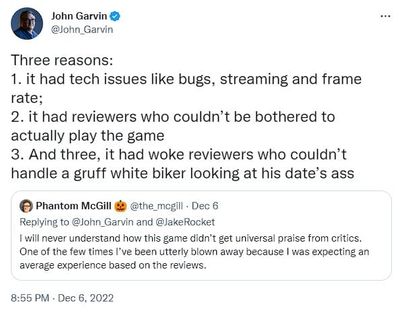 Screenshot from Twitter of a now deleted tweet from Days Gone game director John Garvin commenting on why his game wasn’t more positively reviewed saying: “Three reasons: 1. it had tech issues like bugs, streaming and frame rate;2. it had reviewers who couldn’t be bothered to actually play the game 3. And three, it had woke reviewers who couldn’t handle a gruff white biker looking at his date’s ass.”