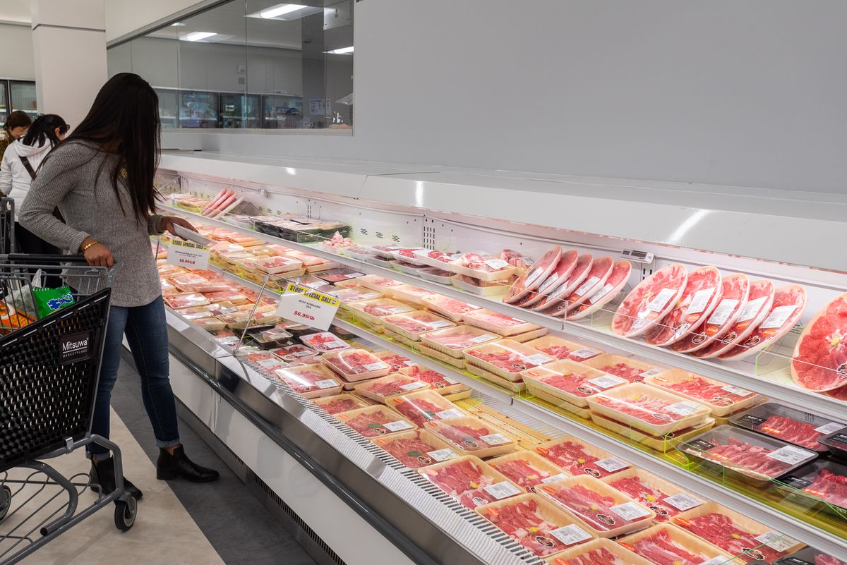 Thinly sliced meats in refrigerated section at Mitsuwa Marketplace.