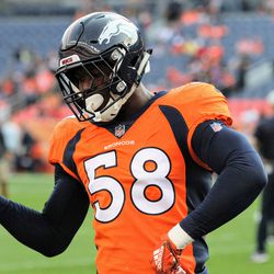 Broncos OLB Von Miller gets into the song playing during pregame warmups. 