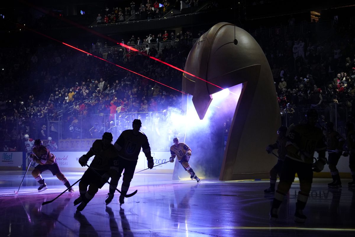 The Vegas Golden Knights take the ice prior to a game at T-Mobile Arena on January 20, 2022 in Las Vegas, Nevada.