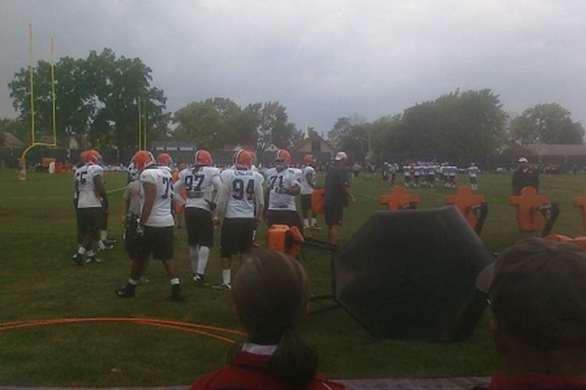 The defensive line finishes up their individual drills on Day 26 of Cleveland Browns training camp in Berea, OH. It was an overcast day, but it felt great not being scorched by the sun.