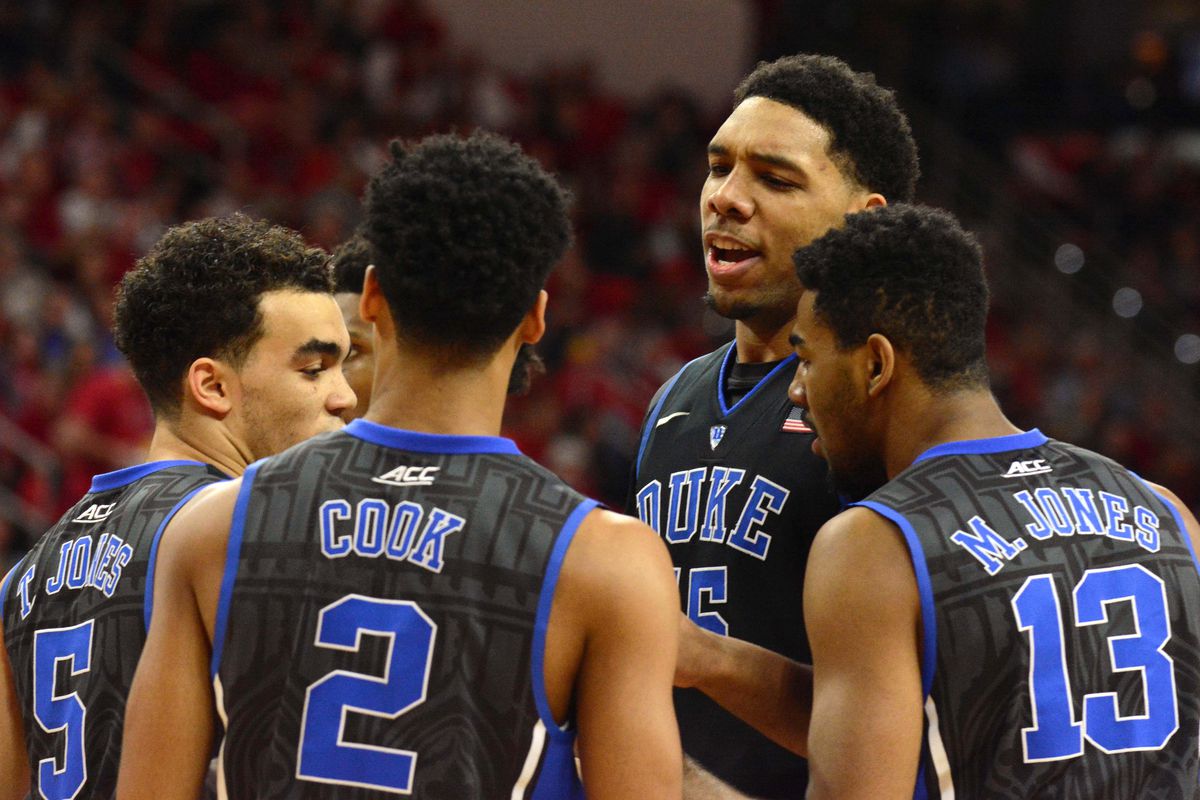 Jan 11, 2015; Raleigh, NC, USA; Duke Blue Devils center Jahlil Okafor (15) and his teammates huddle during the first half against the North Carolina State Wolfpack at PNC Arena.