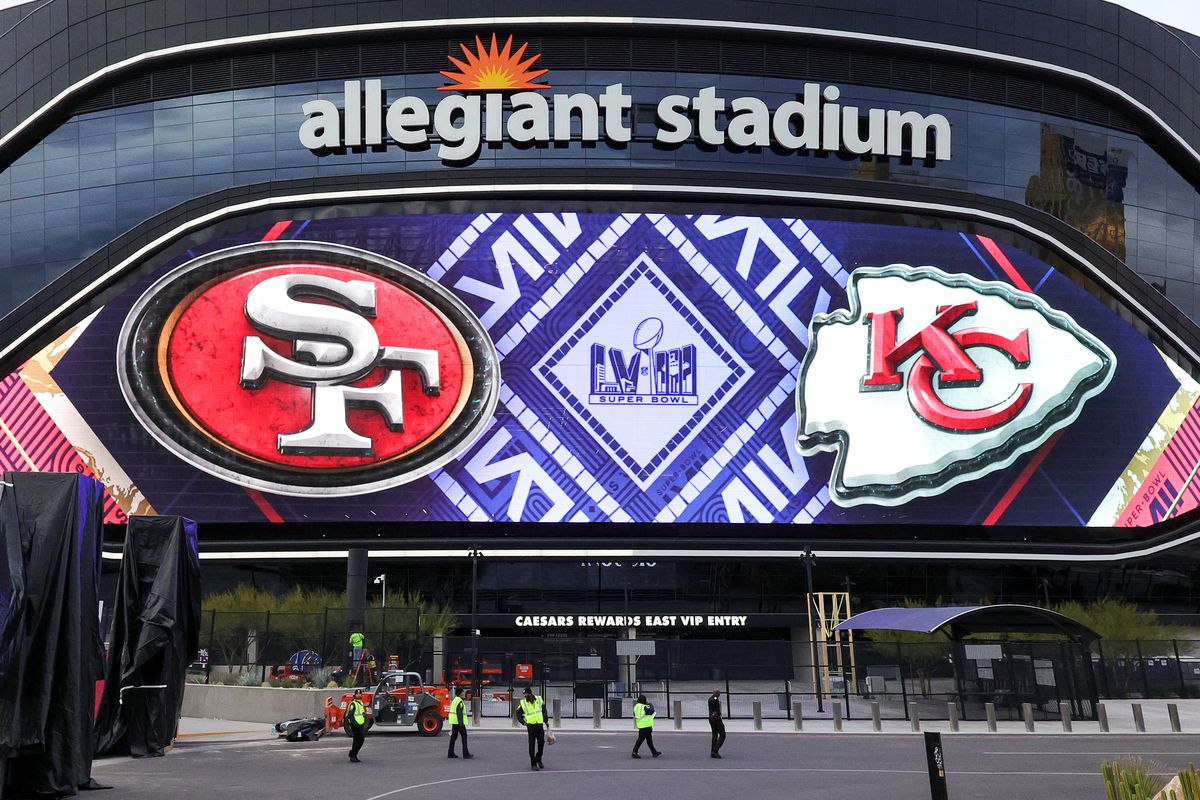 &nbsp;A video board displays logos for Super Bowl LVIII at Allegiant Stadium on February 01, 2024 in Las Vegas, Nevada. The game will be played on February 11, 2024, between the Kansas City Chiefs and the San Francisco 49ers.