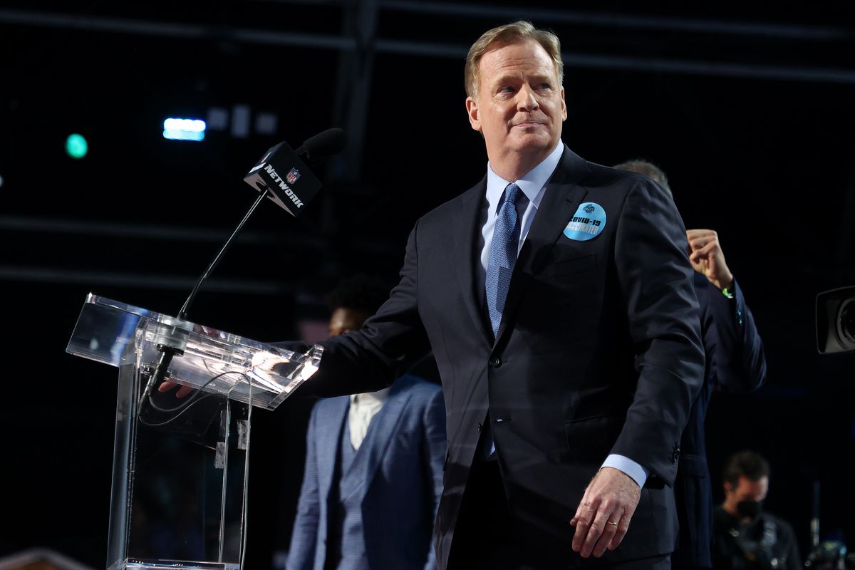 Commissioner Roger Goodell is seen onstage prior to round one of the 2021 NFL Draft at the Great Lakes Science Center on April 29, 2021 in Cleveland, Ohio.
