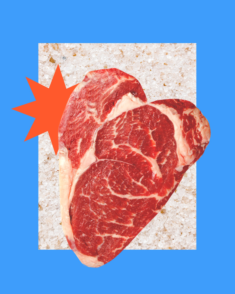 A collage of a raw steak sitting on top of white salt with a pale blue background and an orange starburst poking out from behind the steak.