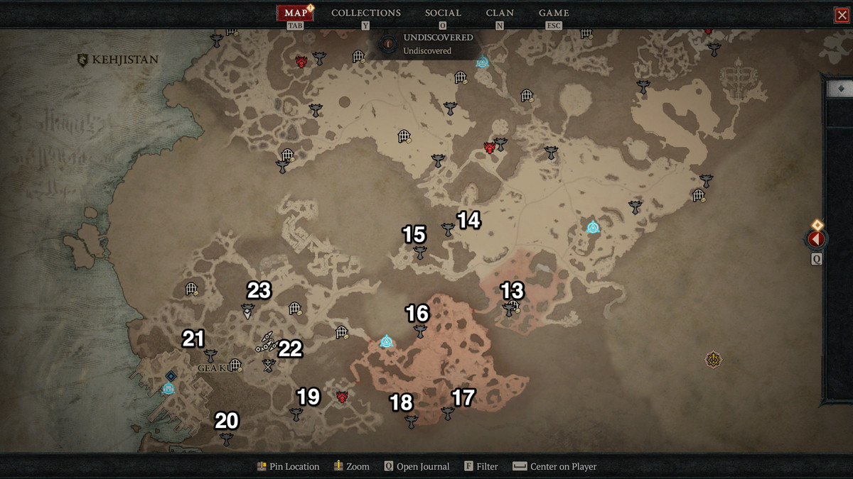 A numbered map of southern Kehjistan that calls out the location of 11 Altars of Lilith in Diablo 4
