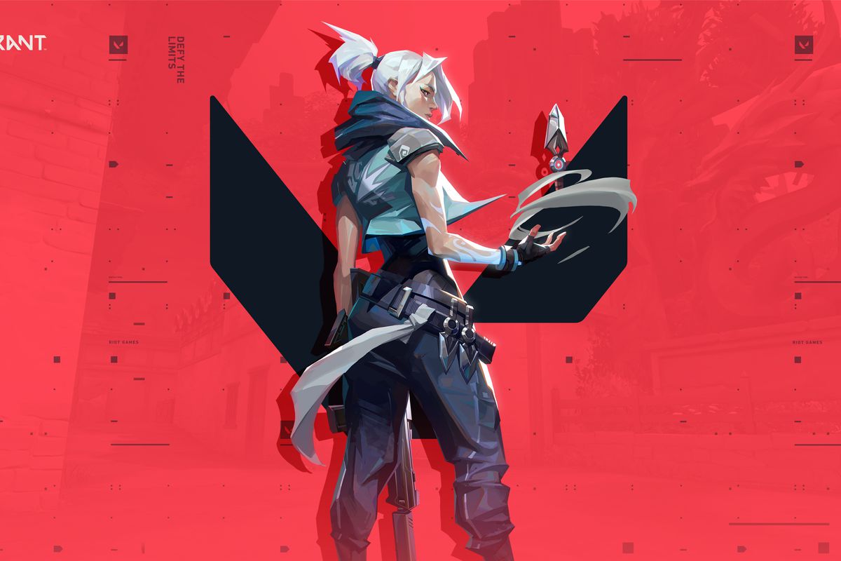 Jett from Valorant stands in front of the game’s logo