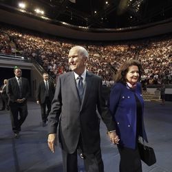President Russell M. Nelson of The Church of Jesus Christ of Latter-day Saints and his wife, Sister Wendy Nelson, walk into the Marriott Center prior to a devotional at Brigham Young University in Provo, Utah, on Tuesday, Sept. 17, 2019.