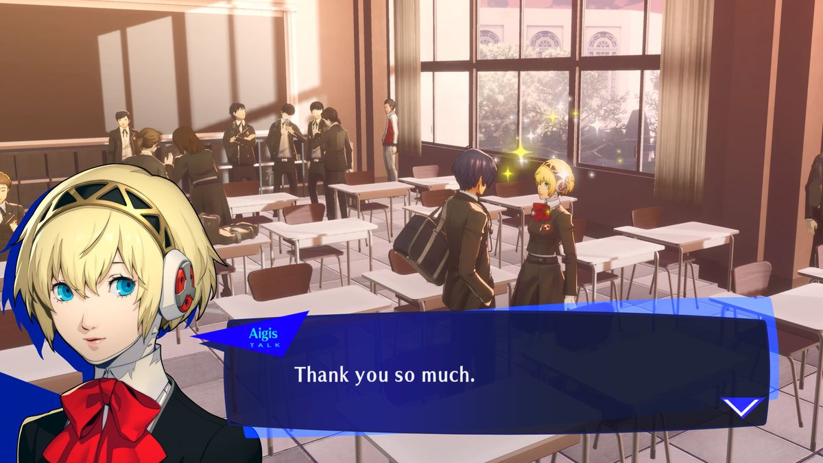 The main P3R character talks to Aigis to advance the Aeon arcana Social Link in Persona 3 Reload.