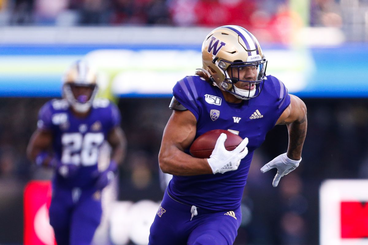 Washington Huskies tight end Hunter Bryant races up the sidelines on his way to a 40-yard touchdown against the Utah Utes during the third quarter at Husky Stadium.