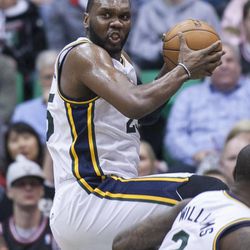 Utah's Al Jefferson grabs a defensive rebound and looks up court as the Jazz and the Bulls play Friday, Feb. 8, 2013 at Energy Solutions arena.