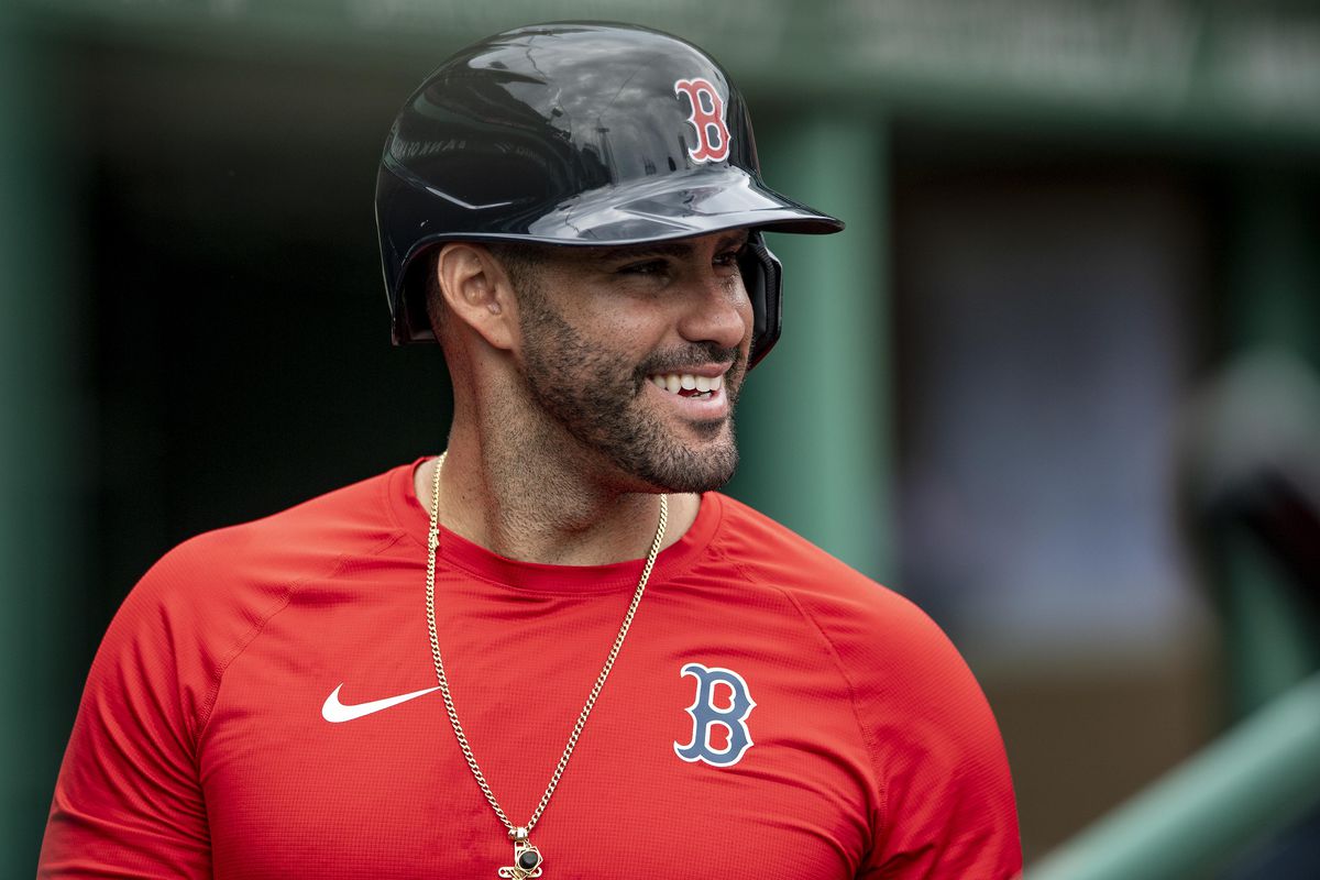 J.D. Martinez #28 of the Boston Red Sox reacts during an intrasquad game during a summer camp workout before the start of the 2020 Major League Baseball season on July 13, 2020 at Fenway Park in Boston, Massachusetts. The season was delayed due to the coronavirus pandemic.