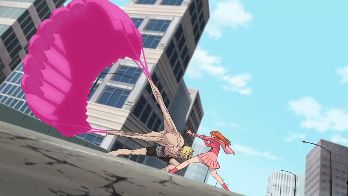 Atom Eve turns a tire into a parachute, sending her opponent backwards, in the Invincible special episode.
