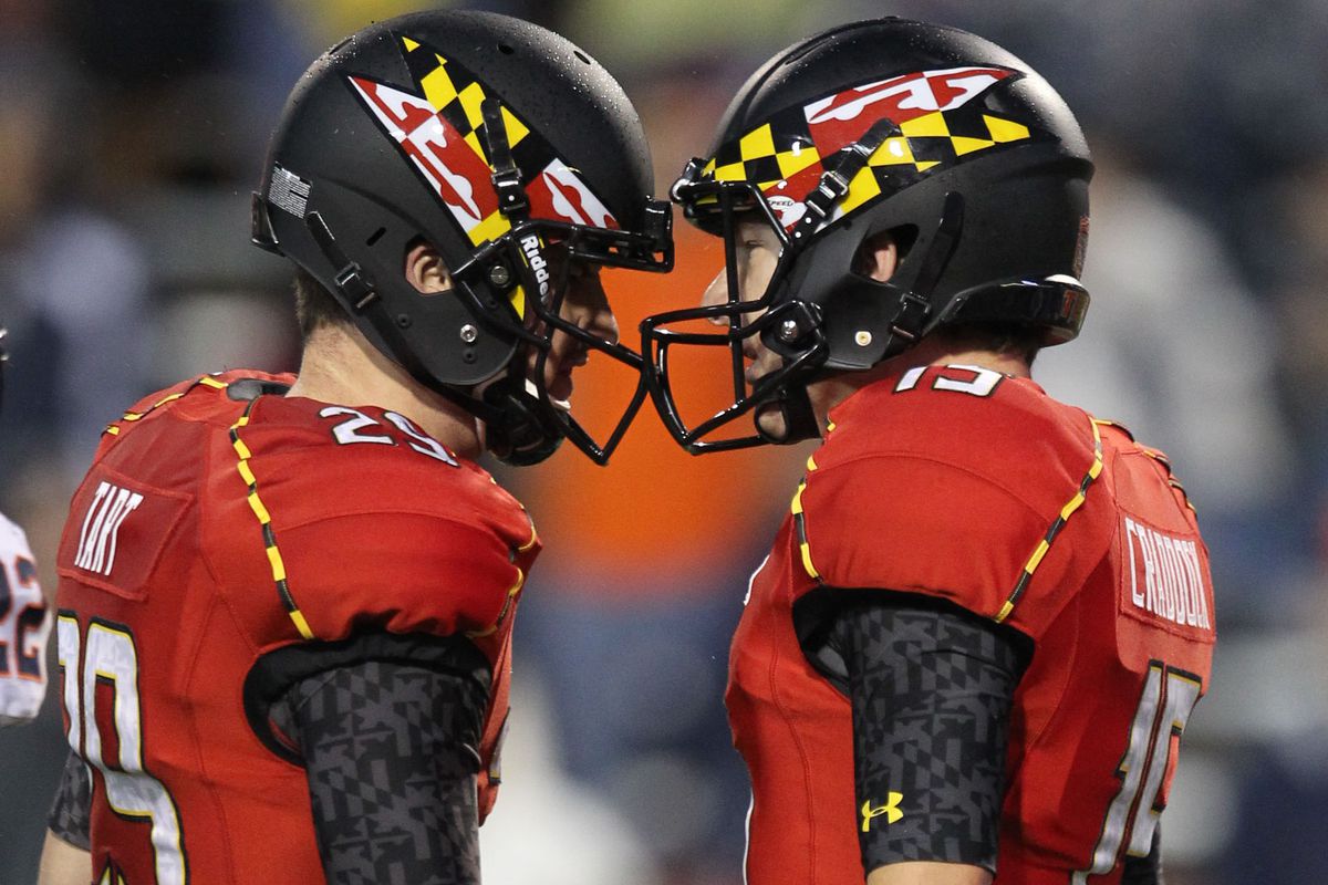 Maryland's Michael Tart, left, and Brad Craddock celebrate a made field goal against Virginia in 2013.