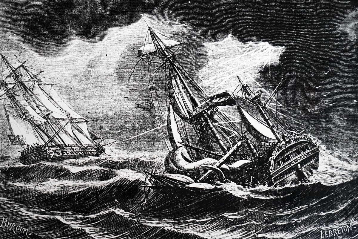 Engraving depicting a reconstruction of the storm during which James Cook’s ship escapes unharmed