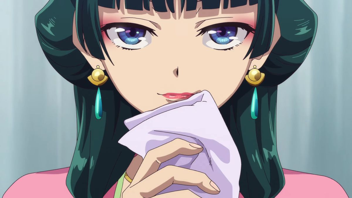 Close-up shot of a green haired anime woman wearing earrings and smirking with a folded handkerchief held to her lips.