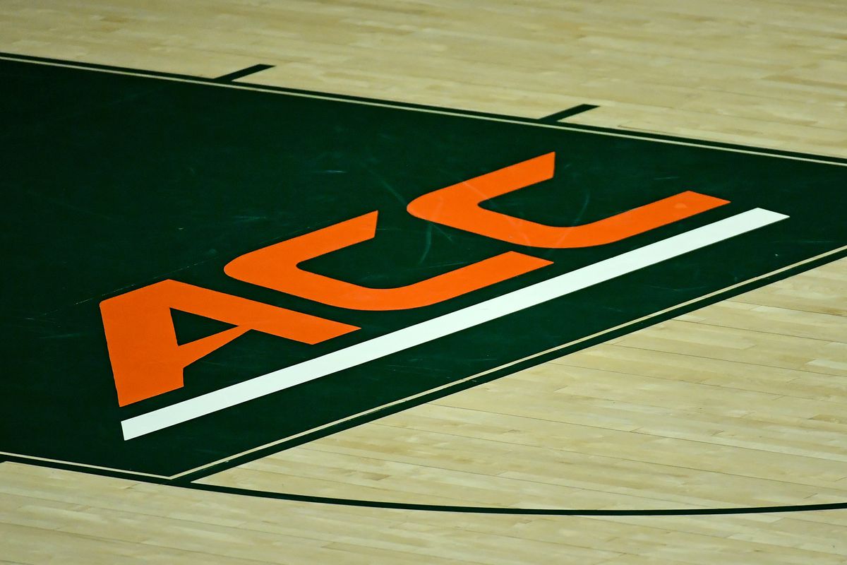 A general view of the ACC conference logo on the court prior to the game between the Miami Hurricanes and the North Florida Ospreys at Watsco Center.