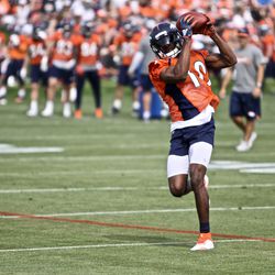 Broncos WR Emmanuel Sanders give us the “gun show” while bringing in a pass.