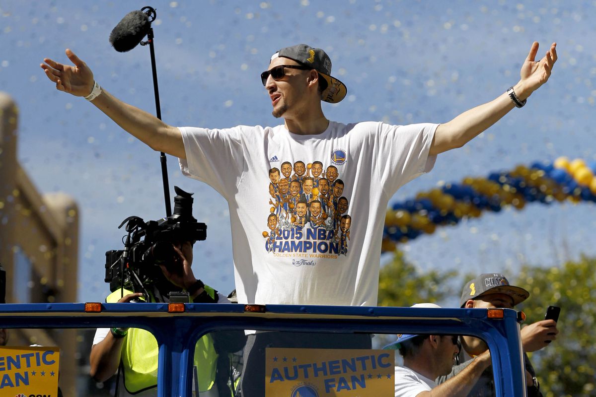Klay Thompson celebrates after the 2014-2015 NBA Finals.