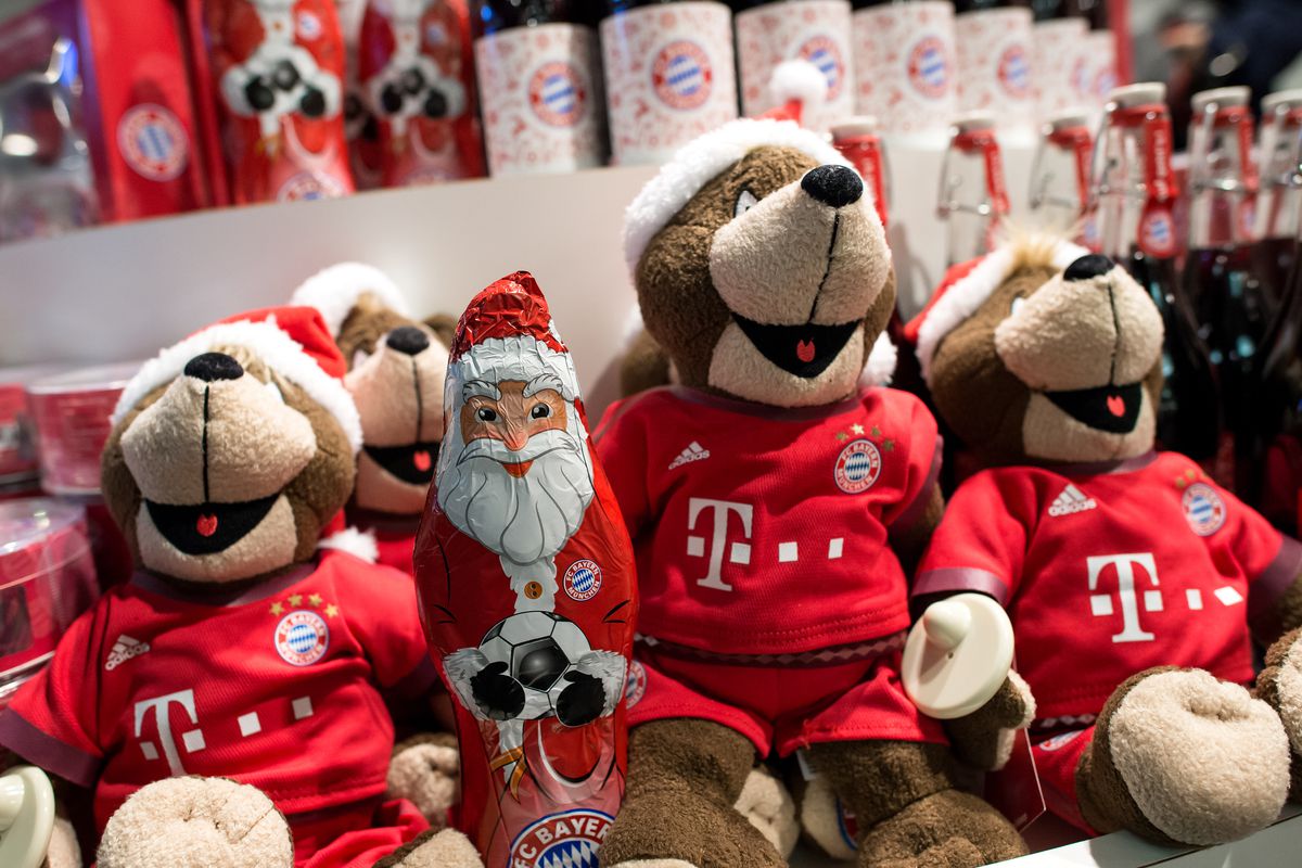 A chocolate Santa Claus and toy versions of mascot Berni with the logo of German Bundesliga soccer club Bayern Munich are seen at the club's fanshop in Munich, Germany, 17 December 2015.