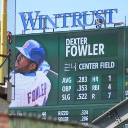 3:05 p.m. Dexter Fowler shown on the left-field video board - 