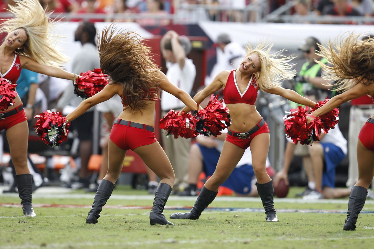 Sept. 9, 2012; Tampa FL, USA; A Tampa Bay Buccaneers cheerleaders perform against the Carolina Panthers during the first half at Raymond James Stadium. The Buccaneers defeated the Panthers 16-10. Mandatory Credit: Matt Stamey-US PRESSWIRE