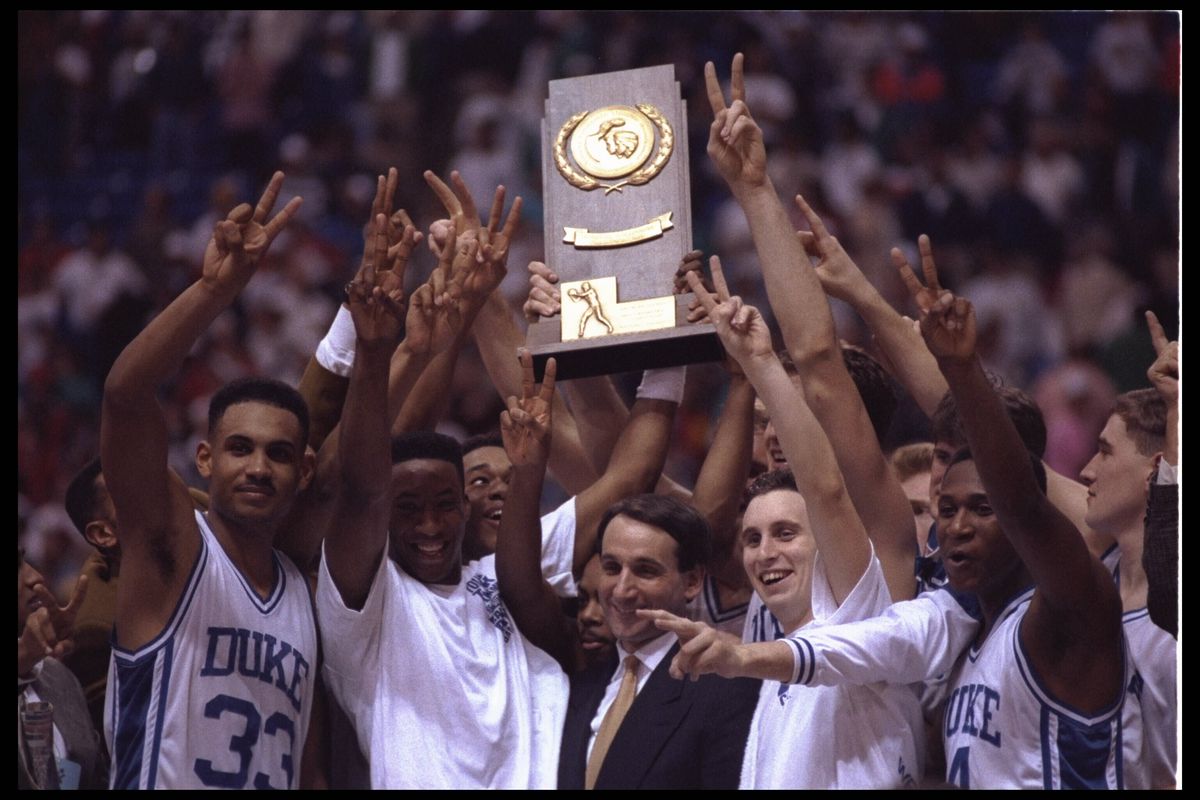 Duke celebrates after beating Michigan for the NCAA title in 1992.