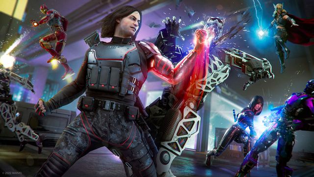 The Winter Soldier uppercuts an AIM robot, fighting alongside Iron Man, Jane Foster, and Black Widow in artwork from the Marvel’s Avengers game.