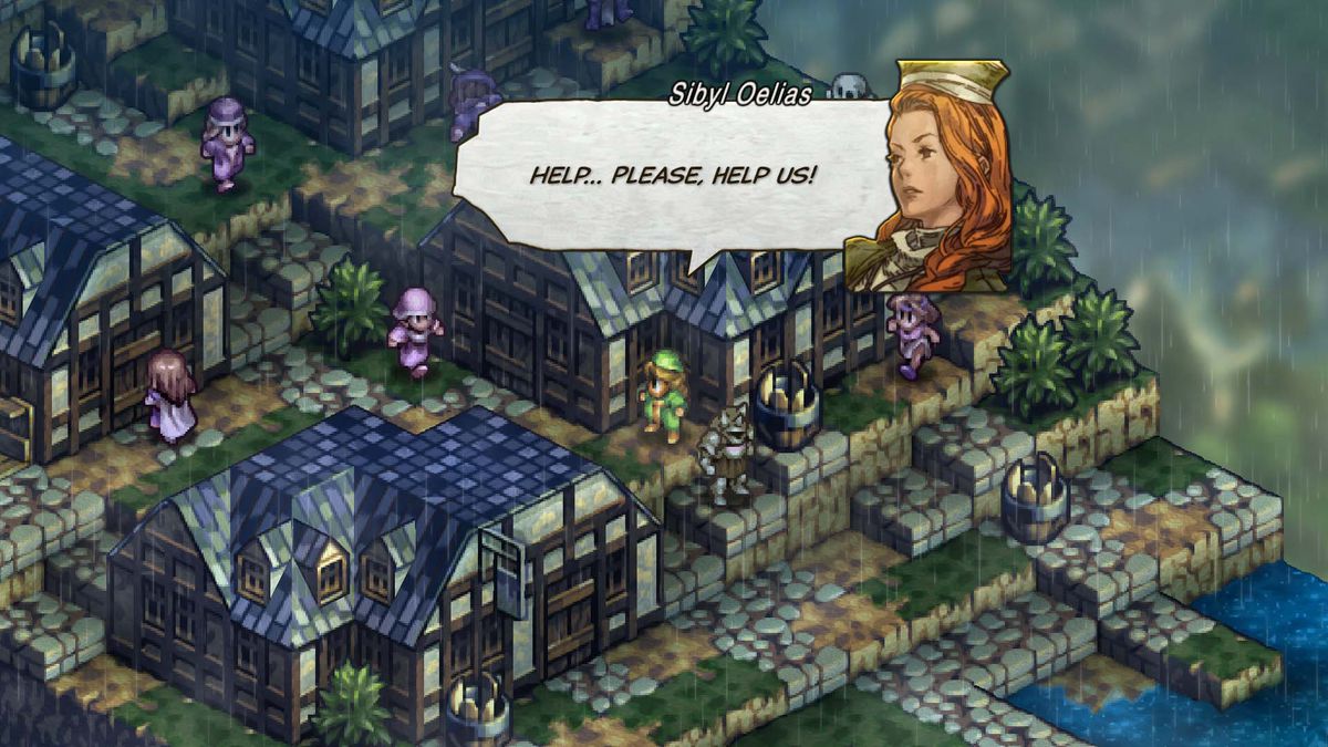 An isometric view of a medieval town in Tactics Ogre Reborn. A woman is saying ‘Help... Please, help us!’