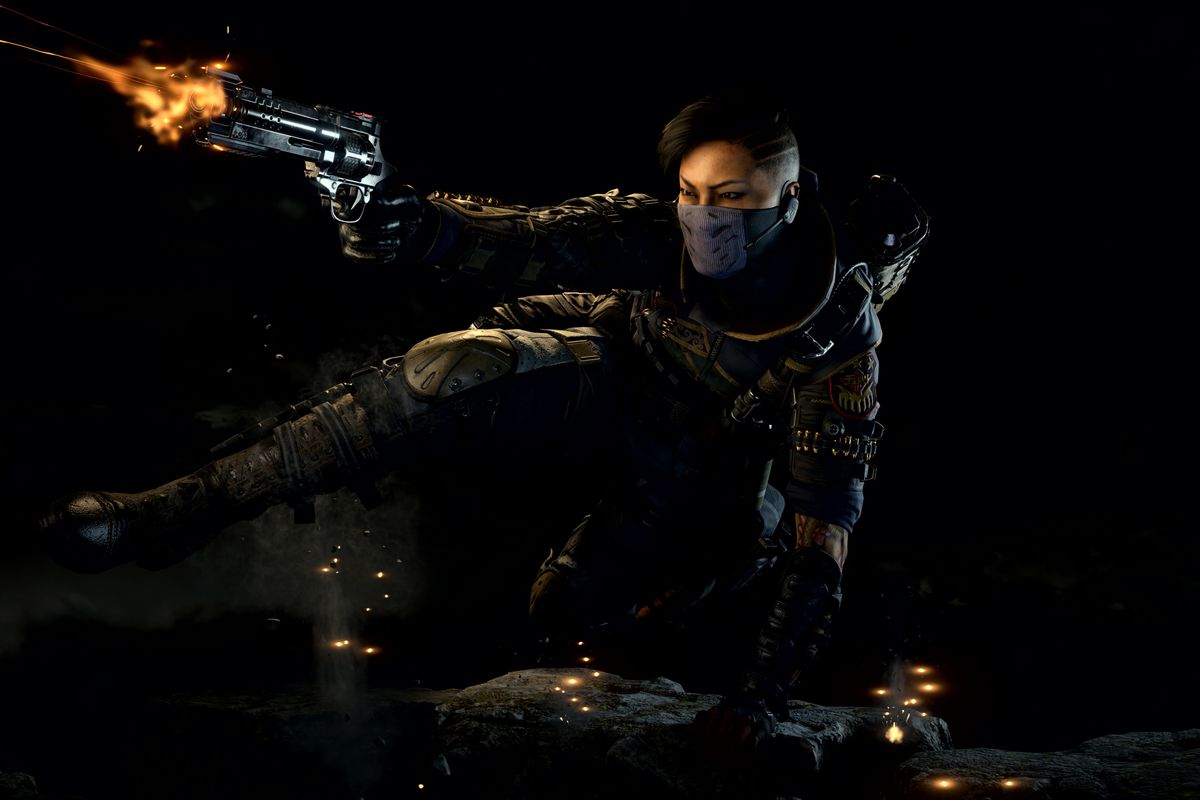 Call of Duty: Black Ops 4 - Seraph jumping over a barrier and firing a revolver