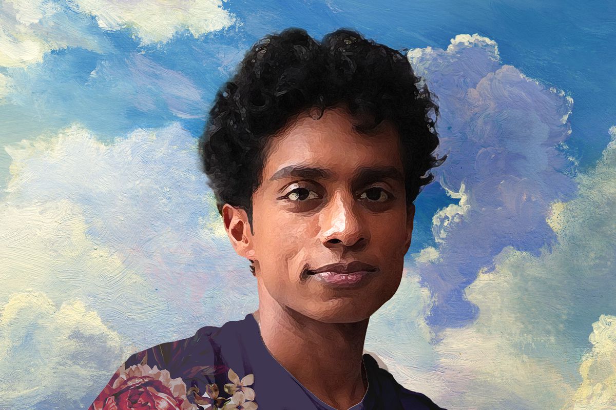 A pastel drawing shows Rajiv Surendra gazing soulfully out of the sky, with a flower superimposed on his left shoulder. The word “homeboy” appears on his chest in yellow letters.