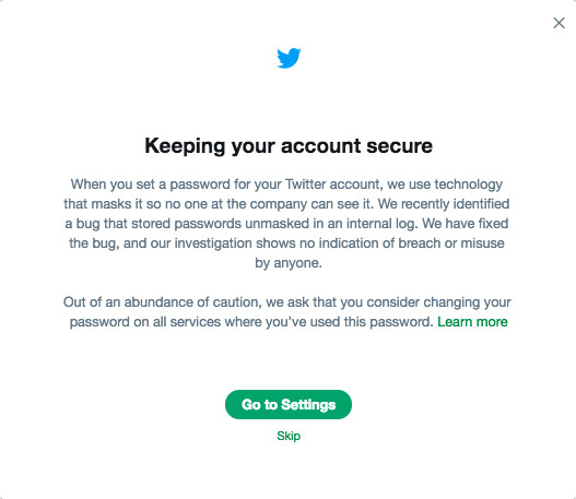 A notification to Twitter users about the password security problems.