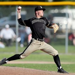Lone Peak's Cade Walker pitches the ball as they and Cyprus play in the first round of 6A baseball playoffs in Magna on Monday, May 13, 2019. Lone Peak won 3-1.