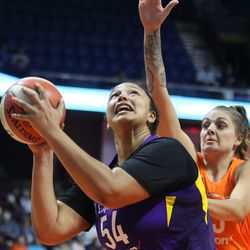 The Los Angeles Sparks take on the Connecticut Sun in a WNBA preseason game at Mohegan Sun Arena in Uncasville, CT on May 7, 2018.