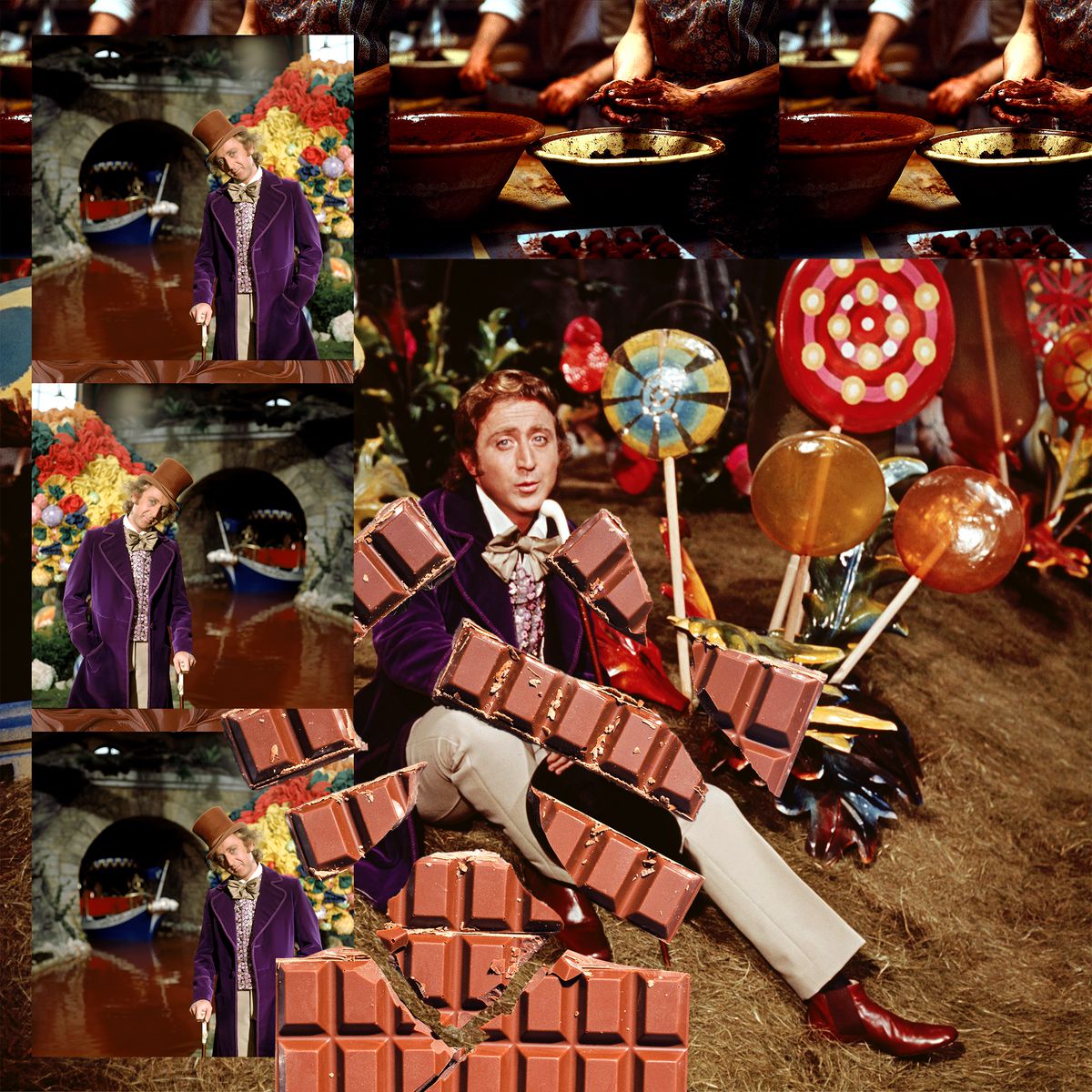 A collage of scenes from the 1971 film Willy Wonka and the Chocolate Factory