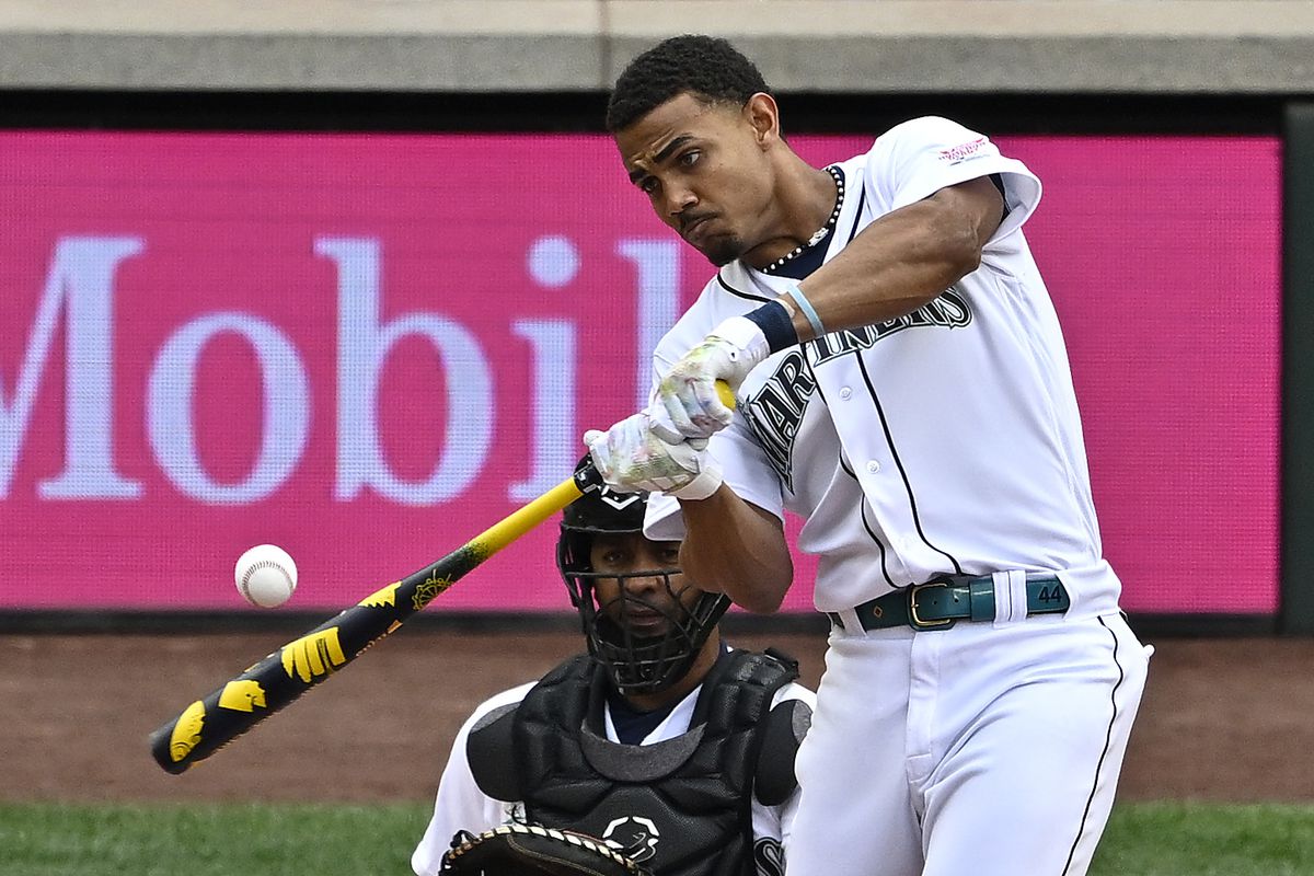 Julio Rodríguez #44 of the Seattle Mariners bats during the T-Mobile Home Run Derby at T-Mobile Park on July 10, 2023 in Seattle, Washington.
