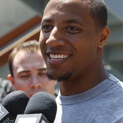 Eric Reid of the San Francisco 49ers is interviewed during the San Francisco 49ers rookie minicamp at their training facility on May 10, 2013