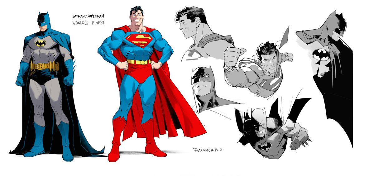 Character designs for Batman and Superman. Batman is in his classic blue and grey with a black bat on a yellow oval, and Superman is in his classic blue and red with red trunks and a spit curl. 